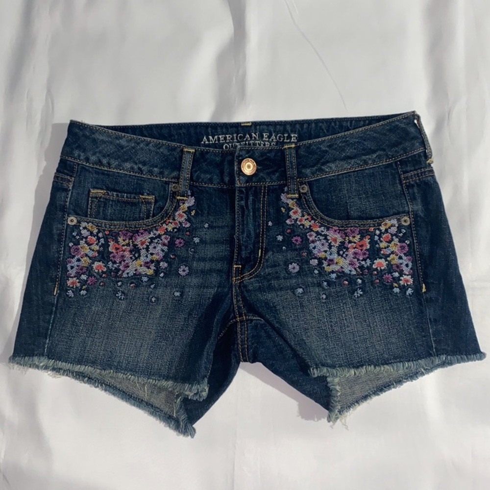 American Eagle Outfitters Women's Floral Embroidered Denim Shorts - Blue